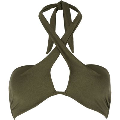 Khaki green halter neck five-way bikini top